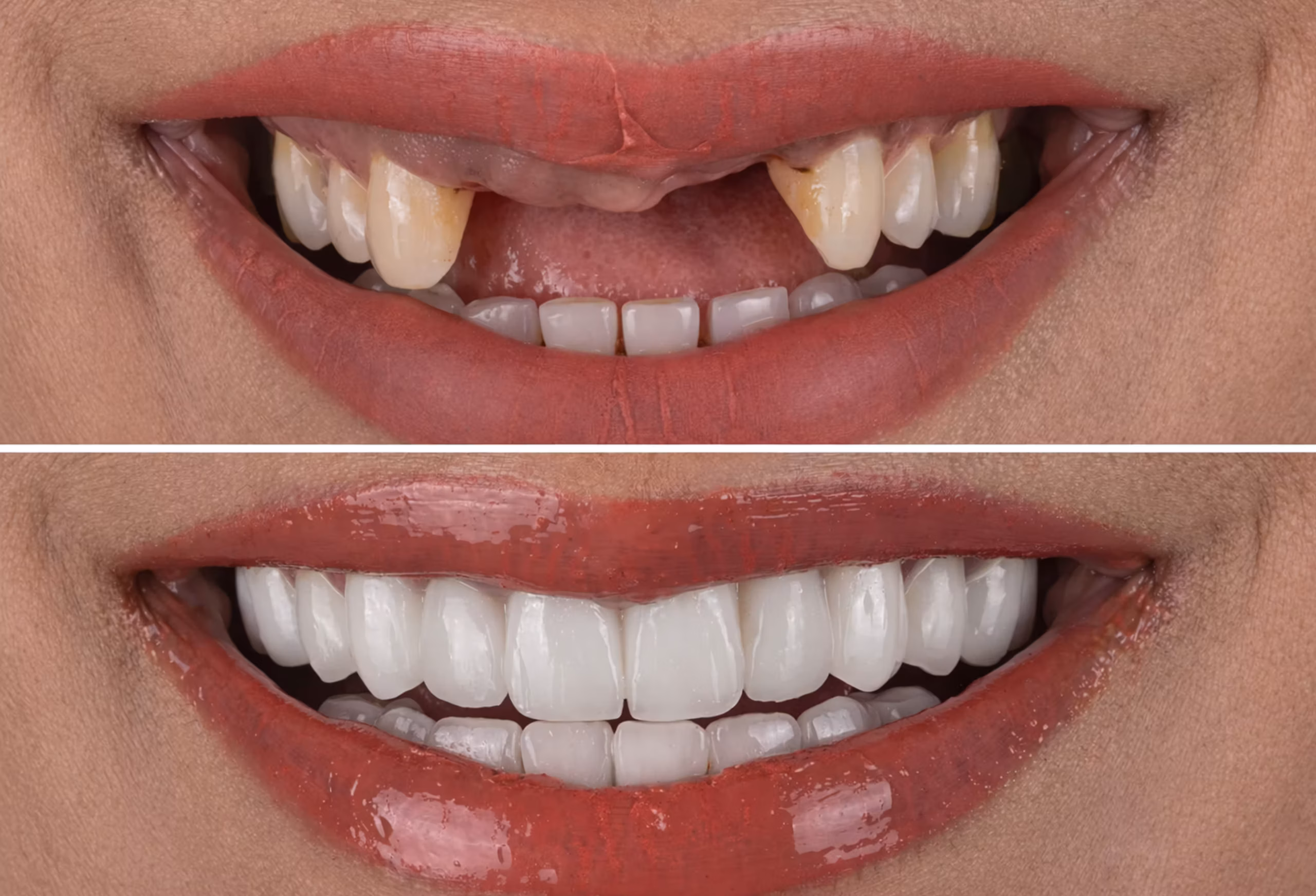 before and after dental bridge treatment restoring missing teeth with natural looking smile