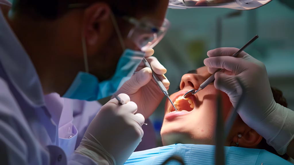 dentist performing oral surgery procedure for tooth extraction and implant preparation in clinic