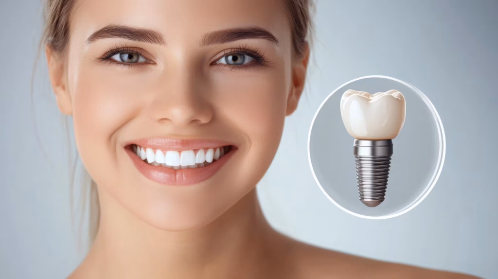 woman smiling with single tooth implant illustration showing crown and titanium post structure