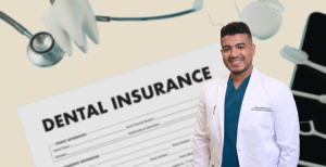 Smiling dentist in front of dental insurance form and dental tools.