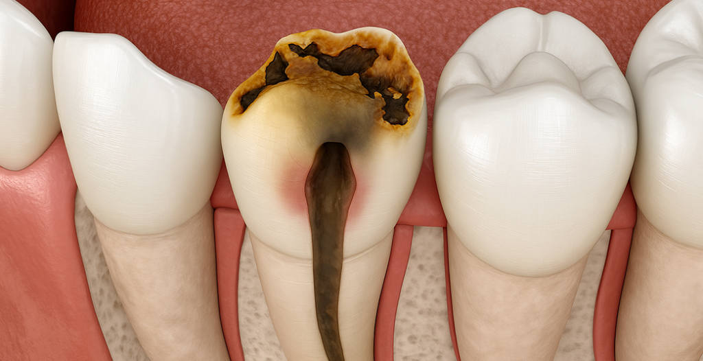 Severely decayed tooth with infection next to healthy teeth and gums