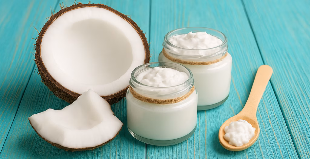Coconut yogurt in jars with spoon and halved coconut on turquoise surface