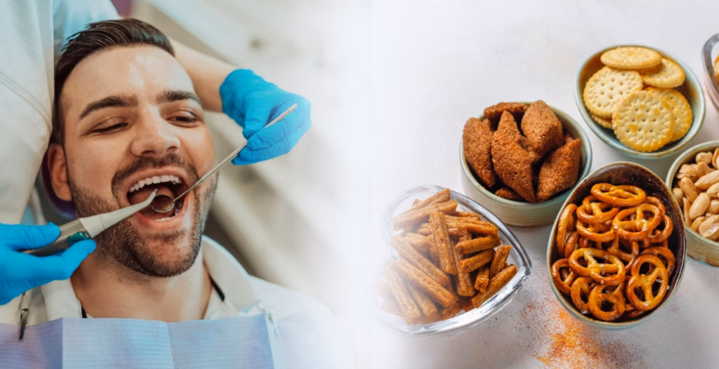 Dentist treating patient with crunchy snacks shown as dental risk