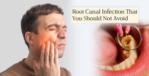 Warning about root canal infection with dental procedure and person touching jaw, emphasizing urgency of treatment.