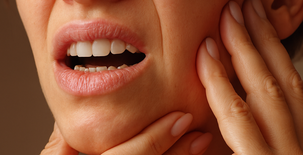 Hands pressing jaw, suggesting dental or nerve damage pain