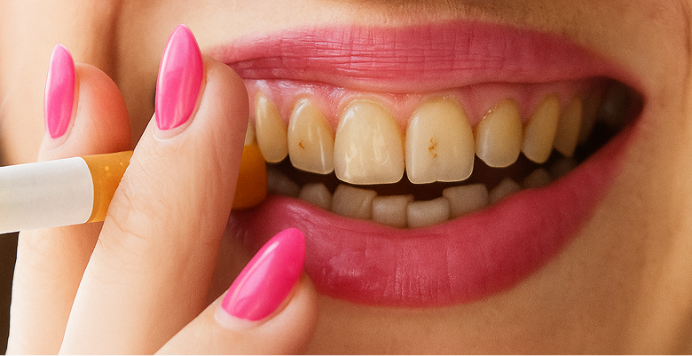Close-up of a person’s mouth with stained teeth and pink lipstick, holding a cigarette—highlighting the negative effects of smoking on dental health.