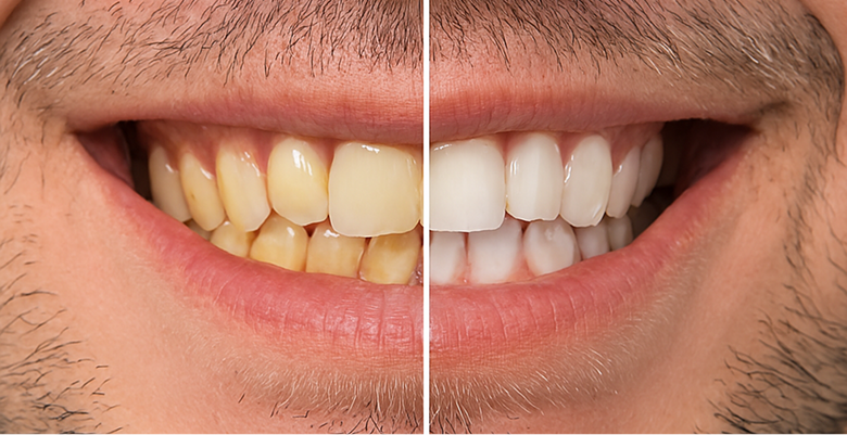 Close-up of teeth before and after whitening, showing improvement after quitting smoking.