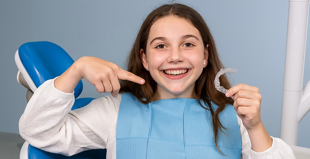 Smiling young person sitting in a dental chair, holding and pointing to a clear aligner, wearing a white shirt and blue dental bib in a modern dental office.