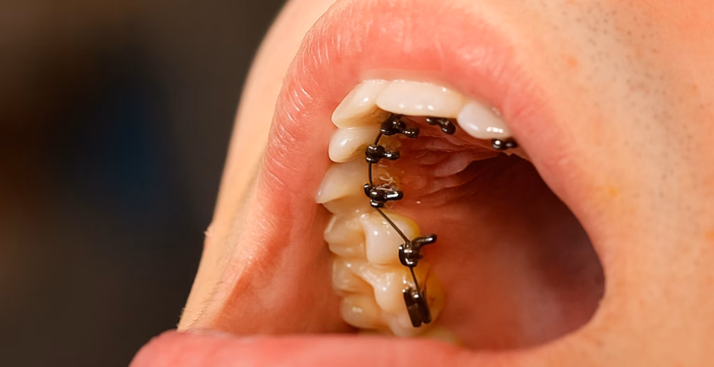 Open mouth showing braces on back teeth.