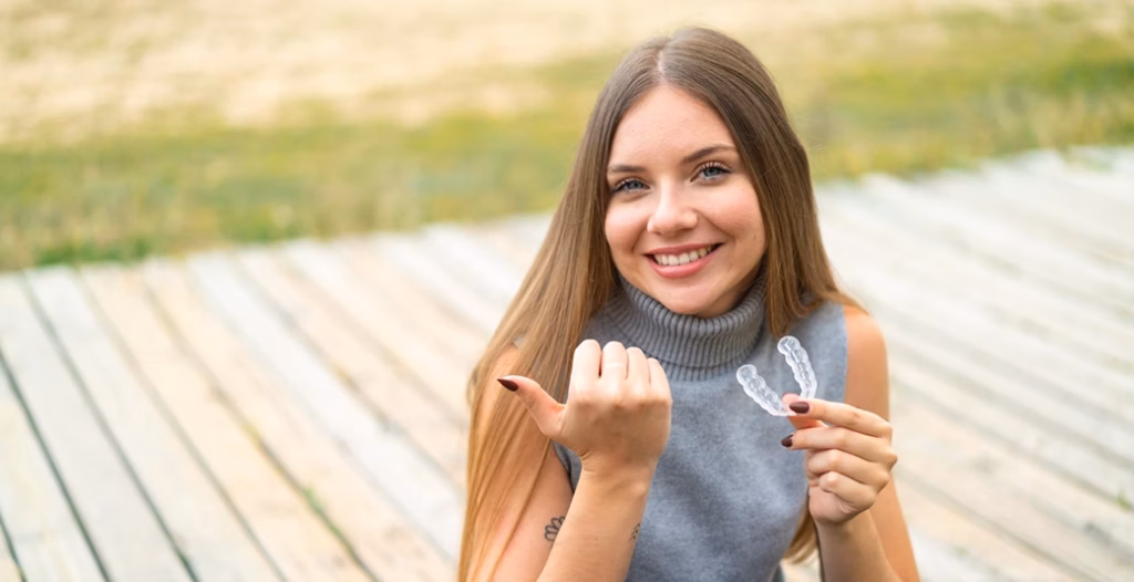 Smiling person outdoors holding a clear dental aligner.
