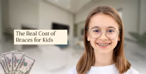 Smiling child with braces and glasses beside graphic showing dollar bills and text on braces cost.