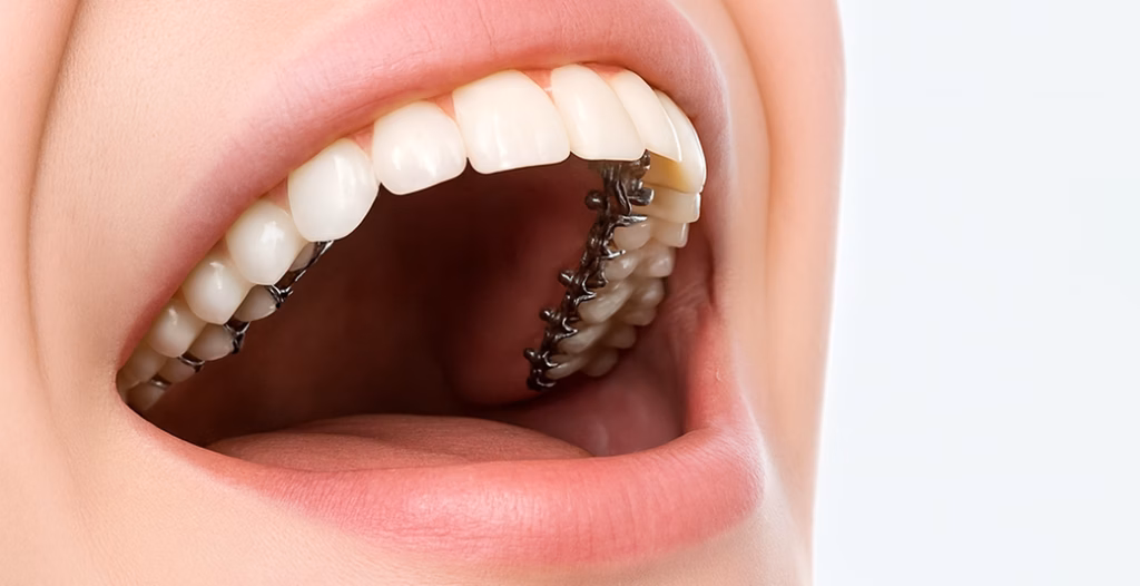 Close-up of open mouth showing lingual braces on inner lower teeth with clean, aligned upper teeth visible.