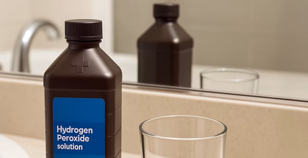 Brown hydrogen peroxide bottle with blue label and black cap on bathroom counter beside clear glass.