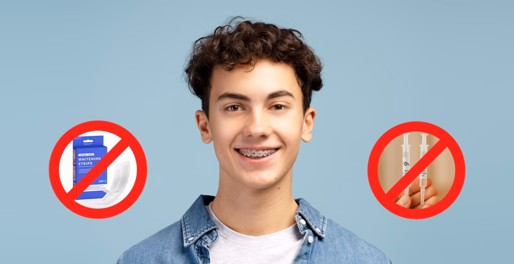 Person with braces smiling beside symbols warning against use of whitening strips and gel products.