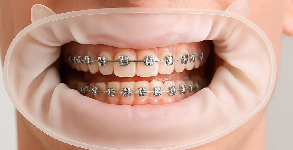 Close-up of mouth with metal braces and cheek retractor exposing upper and lower teeth for orthodontic view.