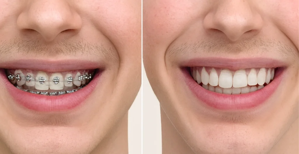 Side-by-side smile before braces and after treatment showing straight, aligned teeth.