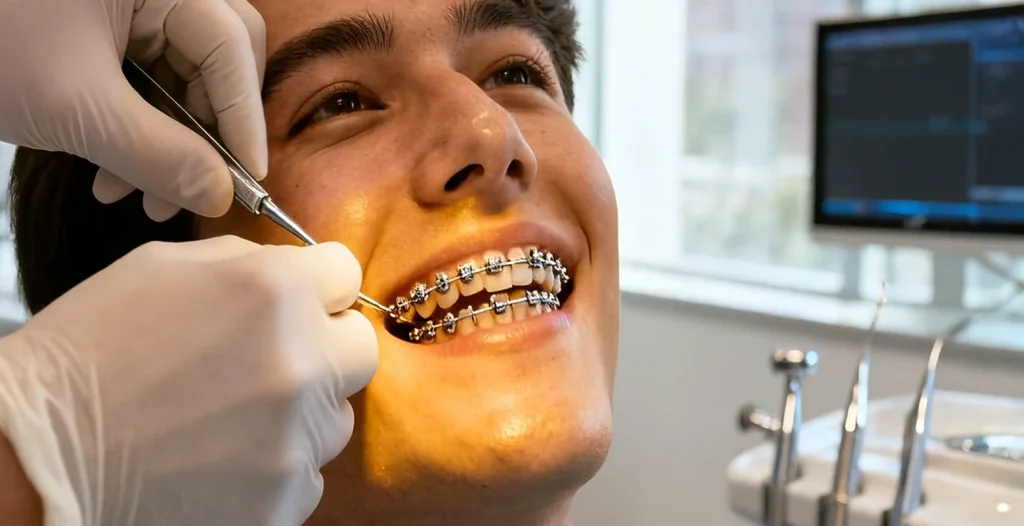 Dentist examines smiling patient&rsquo;s metal braces under bright light in modern clinic with tools and monitor.