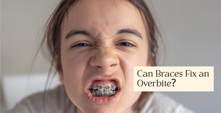 Close-up of teen with braces scrunching face, text overlay asks if braces fix an overbite