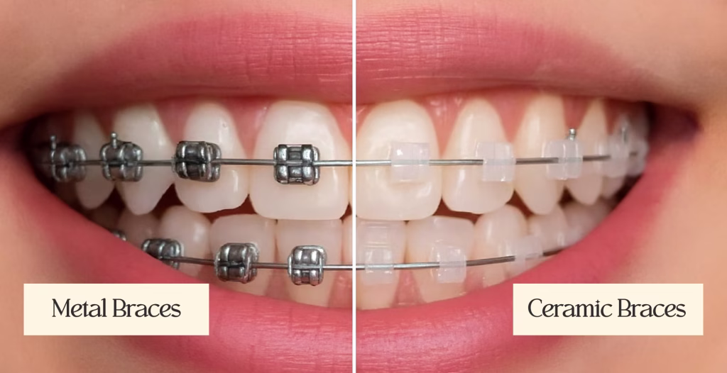 Split view of metal braces on left and ceramic braces on right, showing aesthetic differences on smiling teeth.
