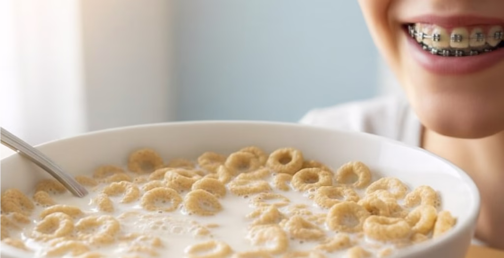 Smiling person with braces enjoying a bowl of milk-soaked cereal on a wooden table in soft natural light.