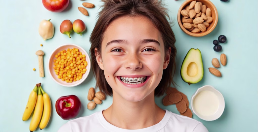 Smiling person with braces surrounded by fresh fruits, nuts, and dairy on a light blue background promoting dental health.