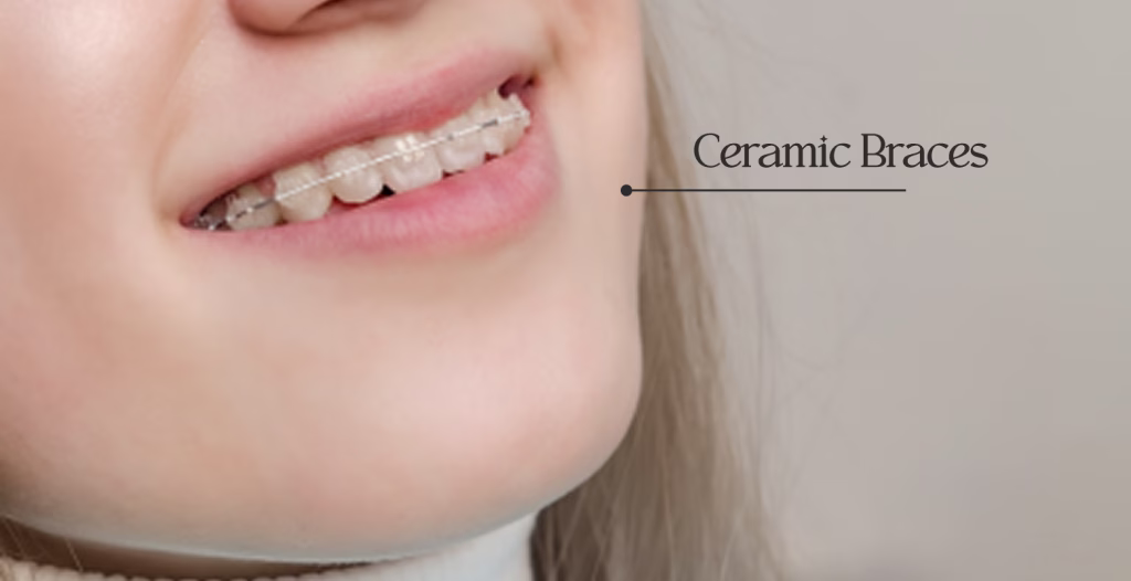Clear ceramic braces on upper teeth, close-up view showing discreet orthodontic option for dental alignment.