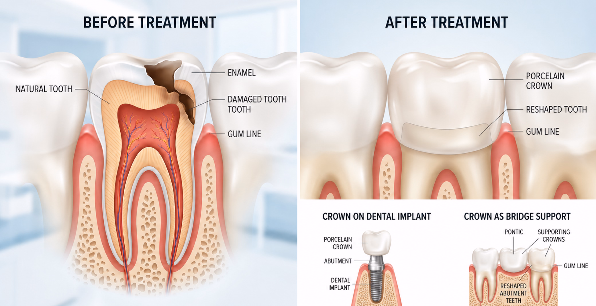 Cross-section dental illustration showing tooth before and after crown treatment with implant and bridge examples.