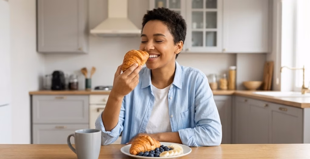 A smiling woman with short hair eats a croissant at a wooden table with coffee, fruit, and a kitchen background.