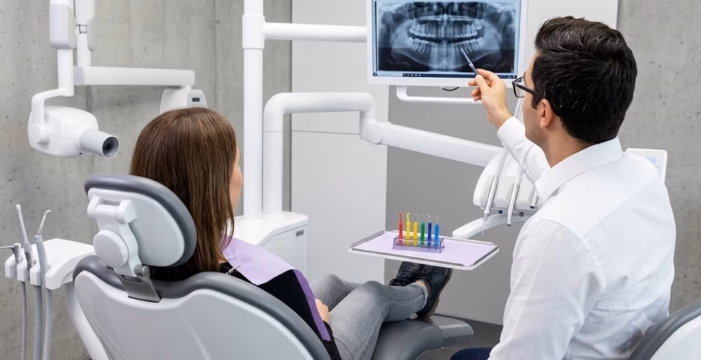 A dentist points to a panoramic X-ray on a monitor while a patient sits in the dental chair looking at it.