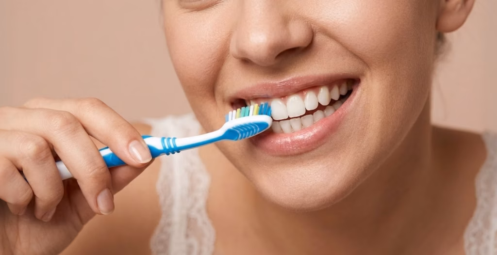 Close-up of a smiling woman brushing her clean, white teeth with a blue and white toothbrush.