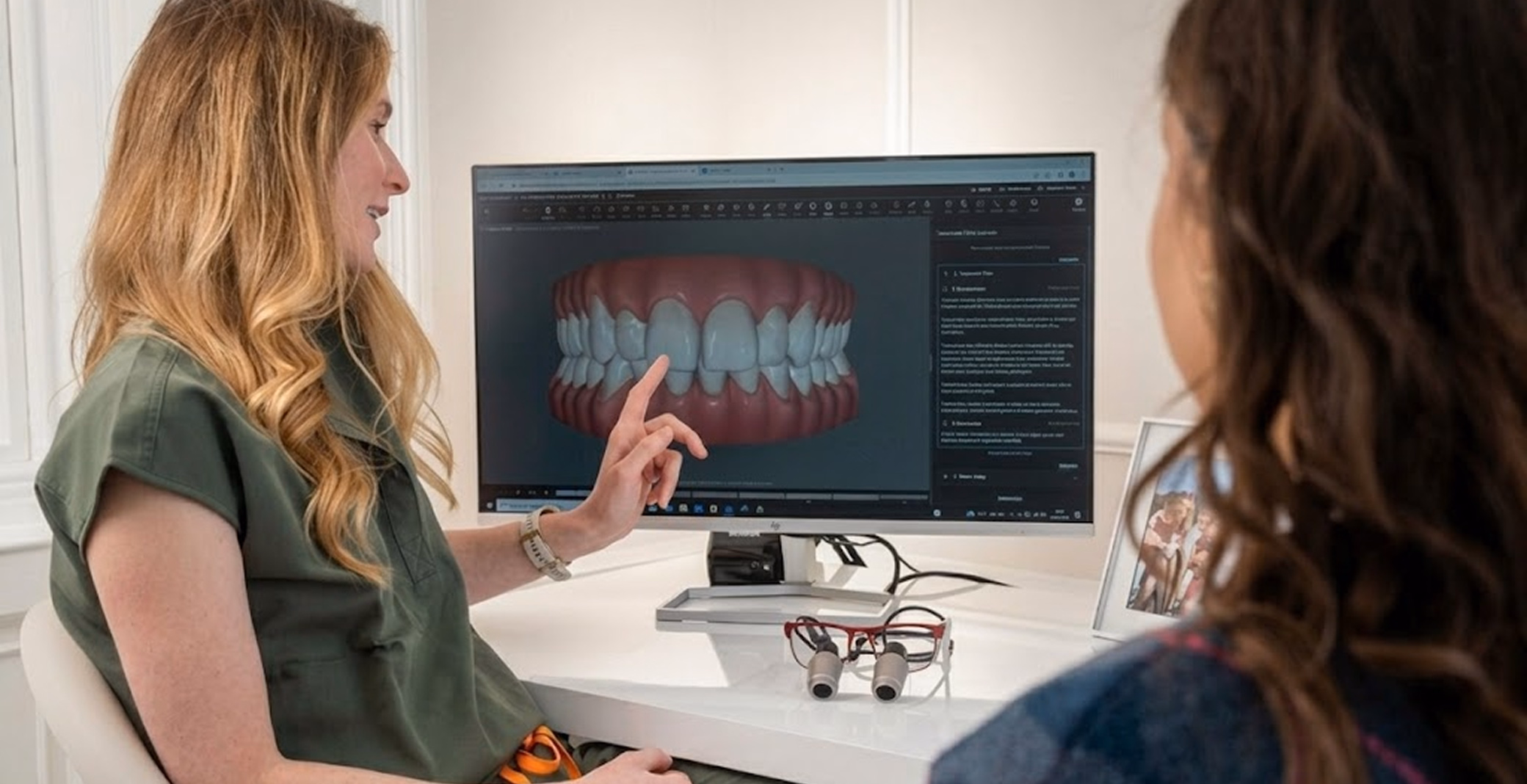 A clinician points at a 3D dental model on a screen during a patient consultation, alongside a desk with magnifying loupes.