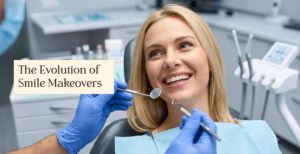 A smiling blonde woman in a dental chair looks up as a dentist in blue gloves holds dental mirrors near her mouth.