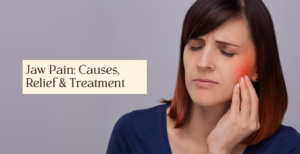 Person touching jaw with red pain area, text about causes, relief, and treatment options