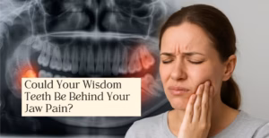 Person with jaw pain holding face, wisdom teeth highlighted in X-ray indicating dental discomfort.