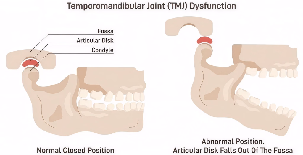 Medical illustrations showing normal TMJ with articular disk in place and abnormal TMJ with disk fallen out of fossa.