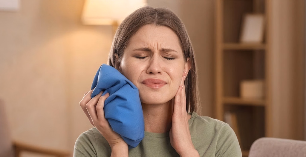 Crying woman with eyes closed, holding a blue ice pack to her right jaw, showing severe pain, in a domestic setting.