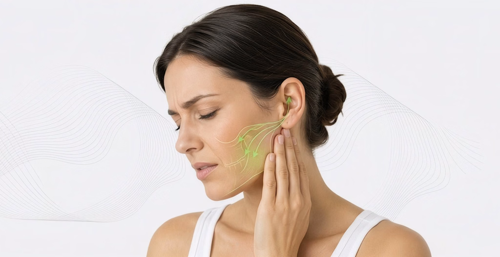 Woman with eyes closed holding jaw in pain, overlaid with green arrows indicating nerve patterns and tooth structure on a white background.