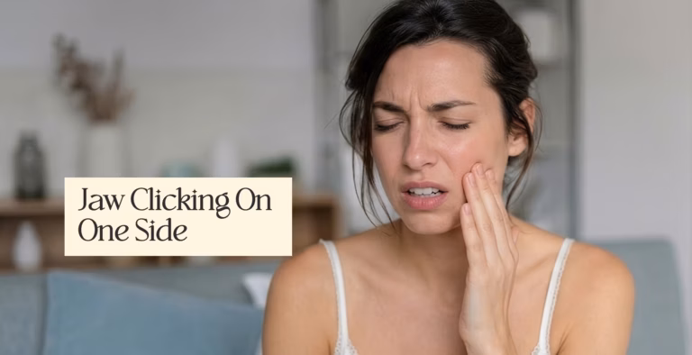 Woman with a hand to her face, wincing in pain. Overlay text says: "Jaw Clicking On One Side".