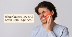 Person with jaw and teeth pain holding face, red highlight showing discomfort.