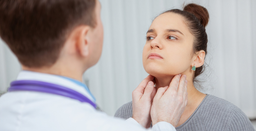 Doctor examining a woman's neck and jaw with headline "Overview of Treatments for TMJ, Facial Pain and Oral Pain".