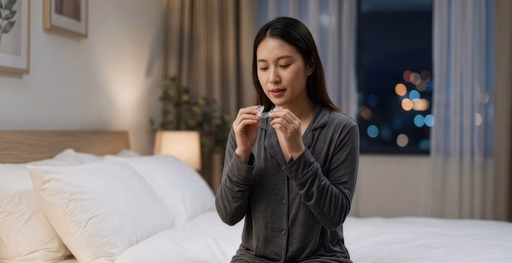 An Asian woman in pajamas sits on a bed with white bedding, holding up a clear dental aligner.