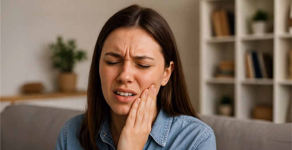 Person holding the side of the face due to jaw pain, illustrating dental discomfort, TMJ disorders, and oral health concerns.