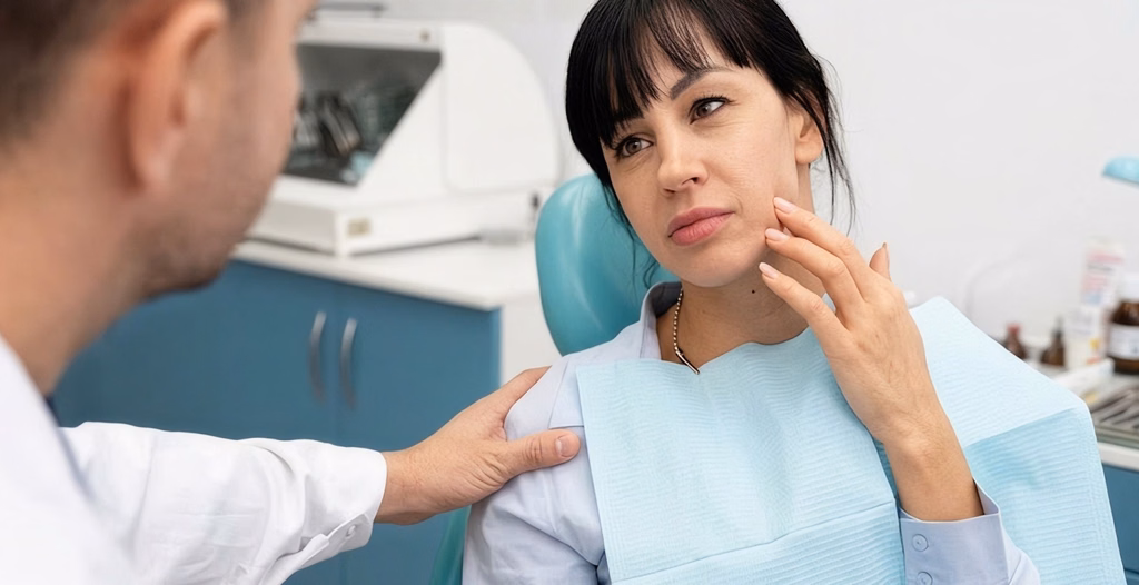 A woman in a dental bib points to her aching jaw as her dentist holds her shoulder, offering comfort.