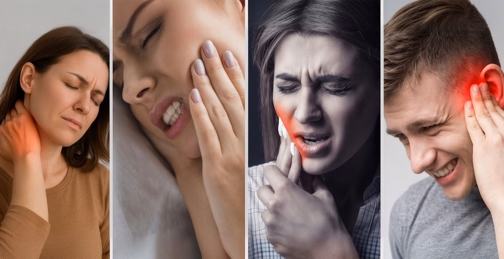 Four panels in a metal frame showing illustrative neck, face, nerve, and ear pain on people.