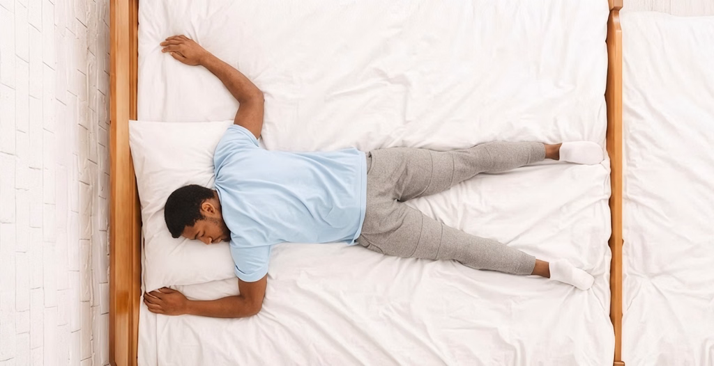 Overhead view of a man sleeping on his stomach on a bed with white sheets and a brick wall.